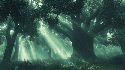 enchanted misty forest with towering ancient trees shafts of ethereal light filtering through dense canopy creating mystical atmosphere