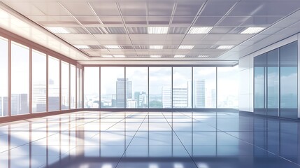 Fototapeta premium A spacious, modern office interior with large windows showcasing a city skyline.