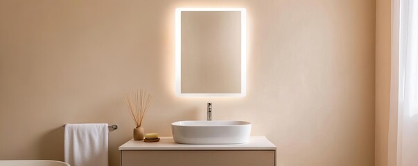 Tall frameless mirror with soft lighting in a neutral-toned bathroom, minimalist bathroom mirror, modern sleekness