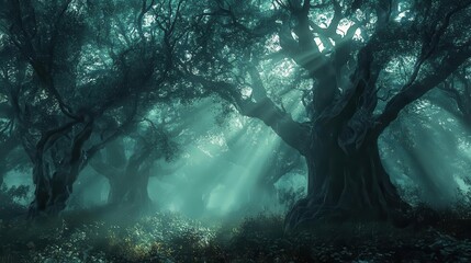 enchanted misty forest with towering ancient trees shafts of ethereal light filtering through dense canopy creating mystical atmosphere