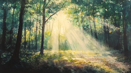 Obraz premium Watercolor Painting of Sunlight Filtering Through a Dense Forest