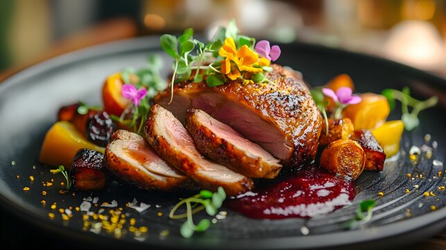 kaczka, pieczona, żurawina, sos, elegancja, fine dining, jesień, mięso, luksus, restauracja, kulinaria, talerz, mikroliście, dekoracja, danie gł&oacute;wne, gastronomia, premium, wykwintne, tekstura, miękkoś