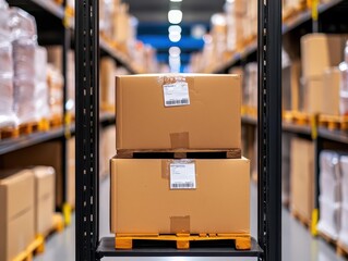 Refrigerated section of a large food distribution center, neatly packed frozen goods for shipment