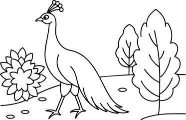 Majestic Peacock Strutting Through a Lush Garden Vector Illustration
