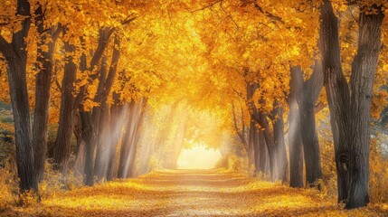 Obraz premium enchanting autumn alley lined with trees ablaze in golden foliage dappled sunlight filters through leaves creating a magical pathway rich warm colors evoke the essence of falls fleeting beauty