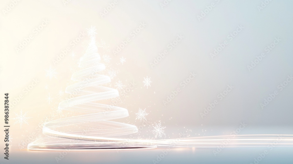 Poster Abstract christmas tree forming from glowing light trails with sparkling snowflakes on a soft warm background and copy space
