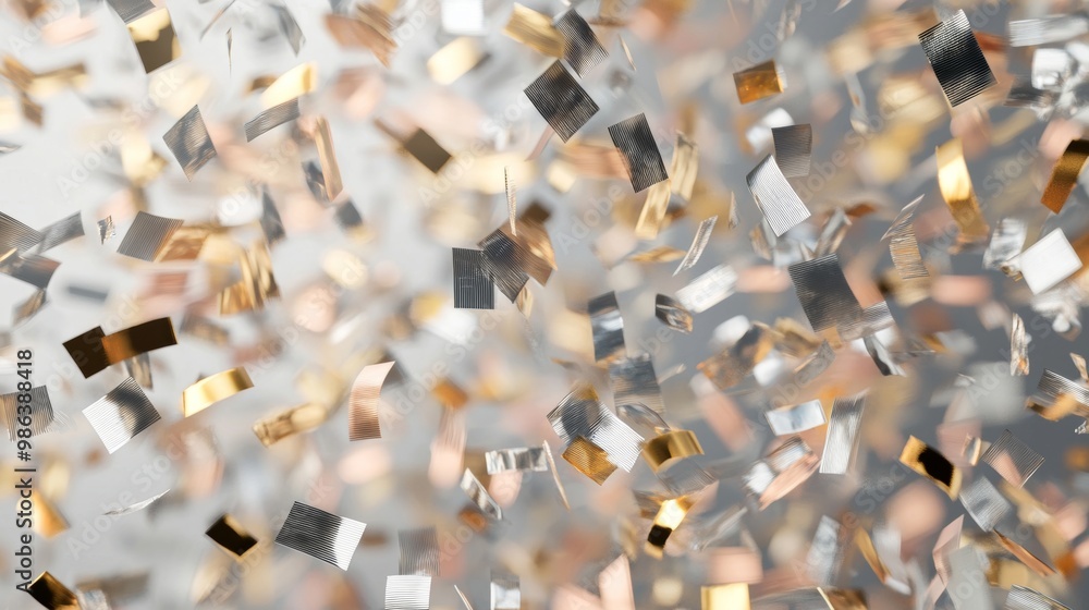 Poster Metallic foil confetti falling down in front of a white background, creating a festive atmosphere for any successful event