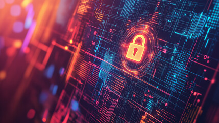 Futuristic security system displaying padlock icon protecting data