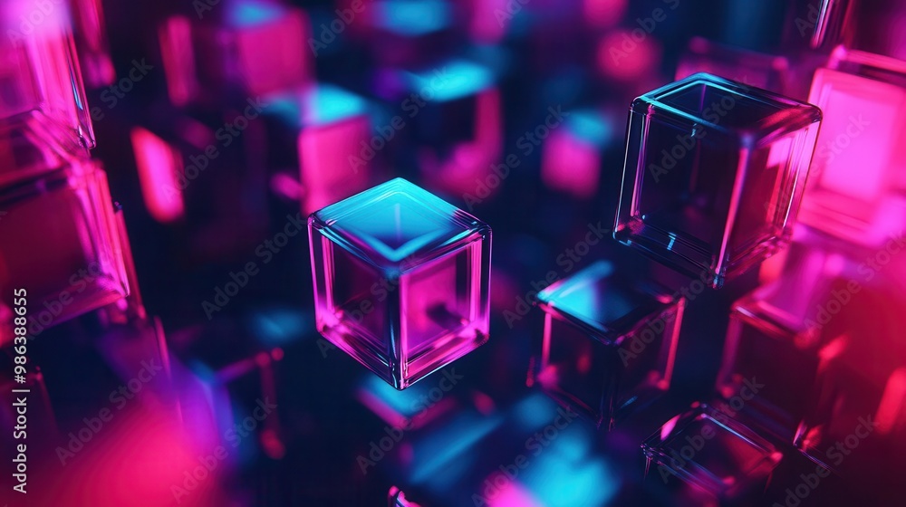 Poster futuristic audio visualization with stacked 3d cubes pulsating to rhythm neon colors against dark ba