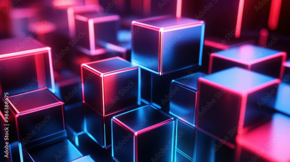 Poster futuristic audio visualization with stacked 3d cubes pulsating to rhythm neon colors against dark ba