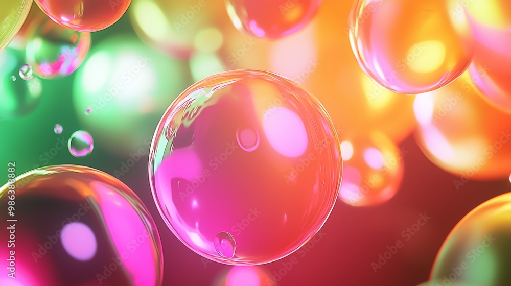 Poster colorful bubbles float on a vibrant background, reflecting bright lights. perfect for adding joy and