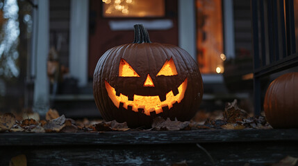 Ghoulish face carved into a pumpkin glowing on a porch