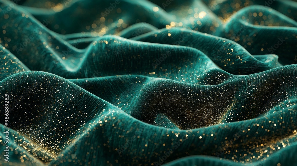 Poster Background featuring luxurious deep green velvet fabric with golden glitter flowing in soft folds, creating an elegant and opulent visual