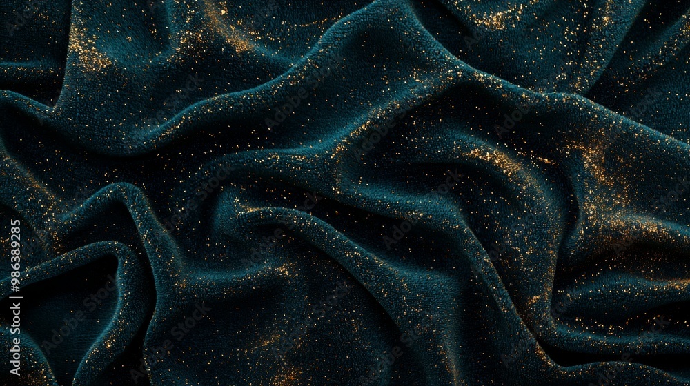 Poster deep green velvet fabric is shimmering with gold glitter, creating a luxurious and festive backgroun