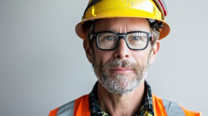 Fototapeta premium A man wearing a yellow hard hat and safety glasses