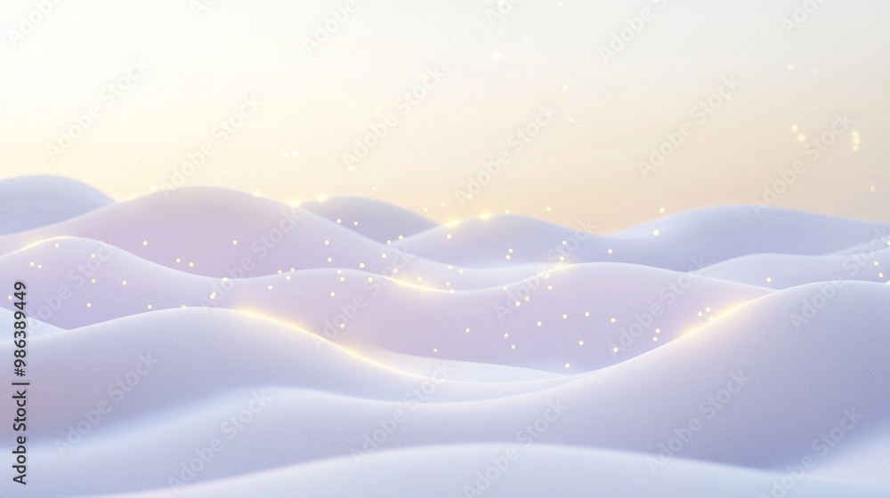 Poster 3d rendering of a minimalist abstract landscape with glowing particles floating over white hills, pe