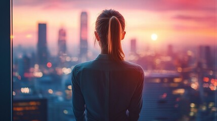 professional businesswoman standing at her office window in a skyscraper looking out at the bustling city and reflecting on her career and work while planning her future in the modern corporate world