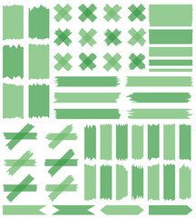 Set of green semi-transparent washi tapes isolated on white. Tapes collection in vector. Pieces of decorative tape for scrapbooks. Torn paper