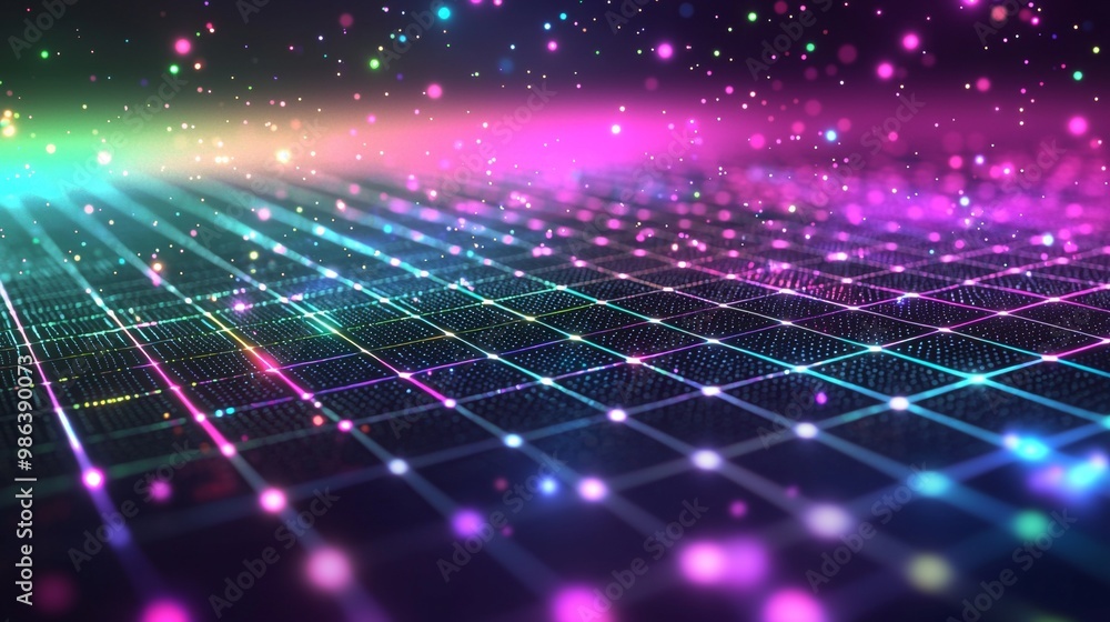 Poster futuristic glowing grid with particles flowing representing modern technology like big data, blockch