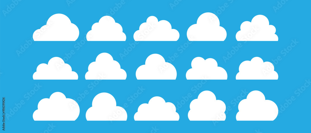 Poster set of different shape white cloud. weather forecast. cloud storage applications vector illustration.