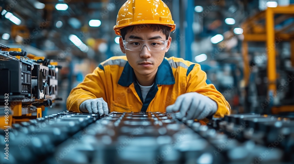 Poster electric vehicle factory with chinese engineer working on ev battery module development focusing on 