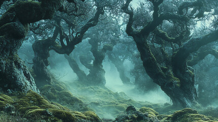 Fog rolling through a forest with twisted, gnarled trees