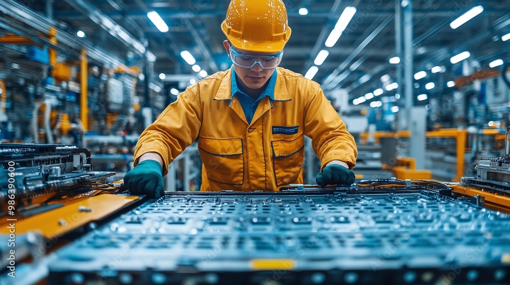 Poster electric vehicle factory with chinese engineer working on ev battery module development focusing on 