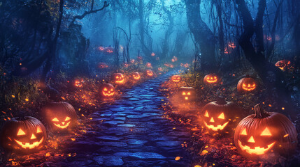 Spooky pathway lined with flickering jack-o-lanterns
