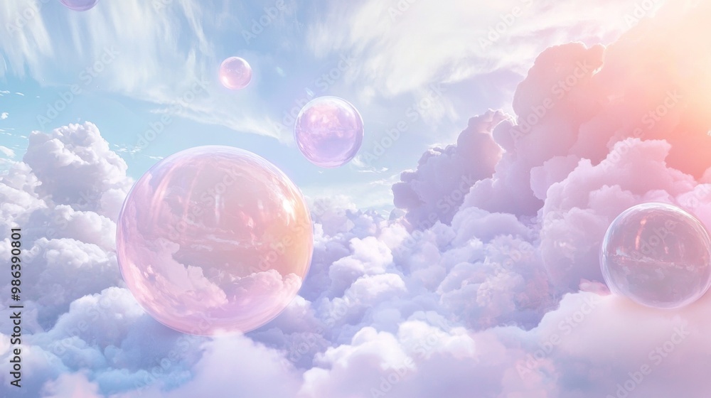 Poster large iridescent soap bubbles float gracefully in a serene sky with fluffy clouds, creating a dreamy