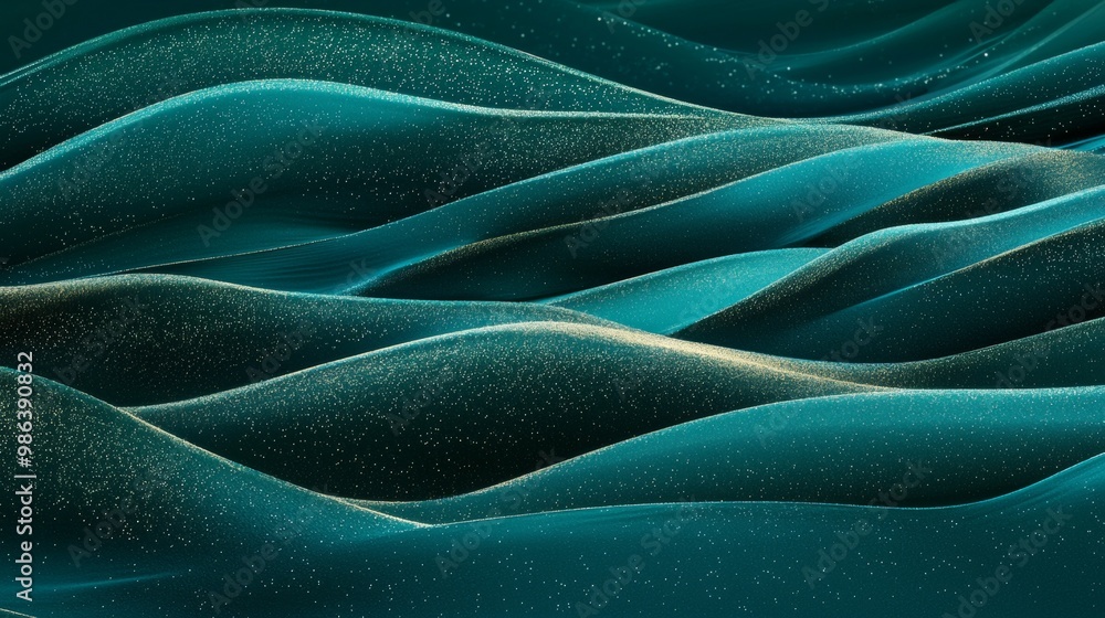 Poster abstract turquoise waves are flowing with golden particles, creating a luxurious and elegant design.