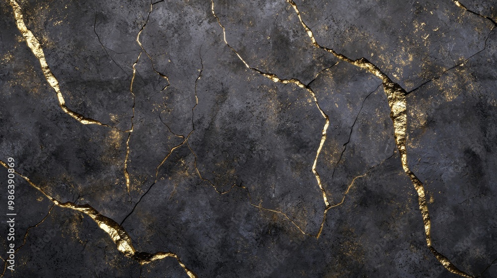 Poster Dark grey marble texture background with high resolution, showing elegant natural patterns and golden cracks, for design purpose