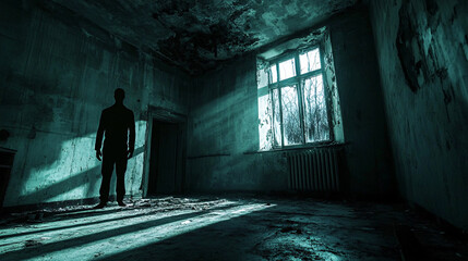 Creepy figure standing in the shadows of an old, abandoned building