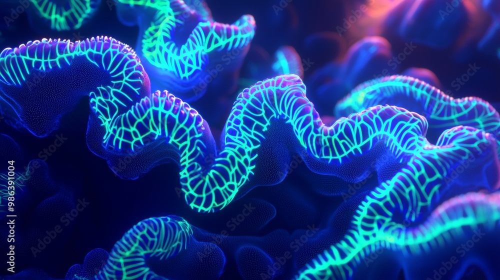 Poster abstract neon structure glowing in the dark, with an organic pattern, creating a futuristic and tech