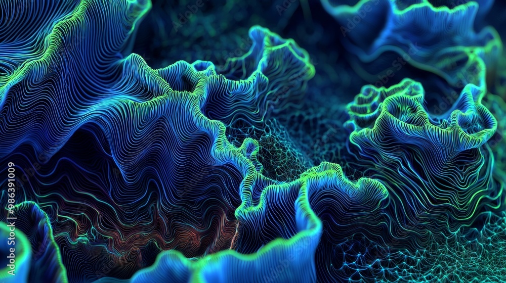 Poster abstract 3d topographic map with glowing contour lines, creating a futuristic and modern landscape p