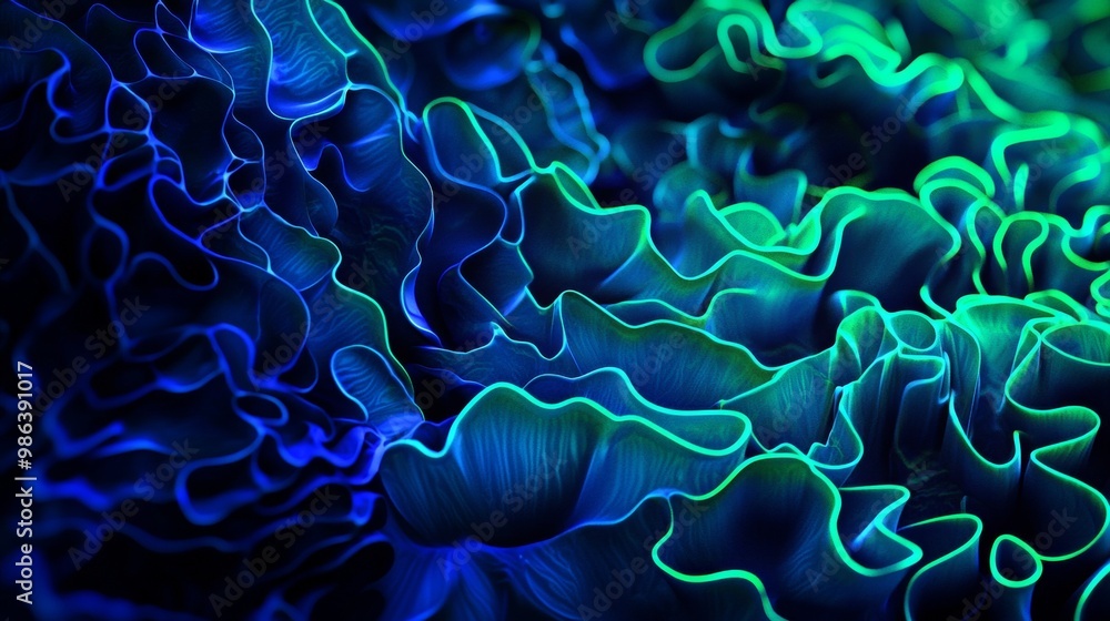 Poster abstract background with wavy pattern is forming with blue and green neon lights, creating a mesmeri
