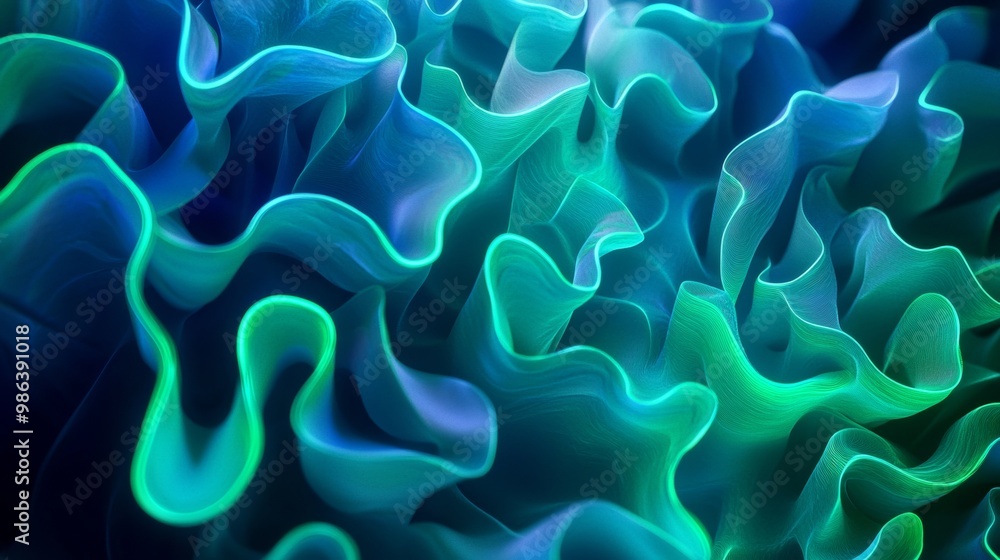Poster flowing gracefully in the dark, mesmerizing blue and green waves create depth and movement in this a