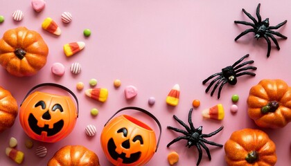 Table top view aerial image of decorations Happy Halloween day background holiday concept.Flat lay objects to party Jack O lantern pumpkins bucket and spider with candy sweet on pink paper.