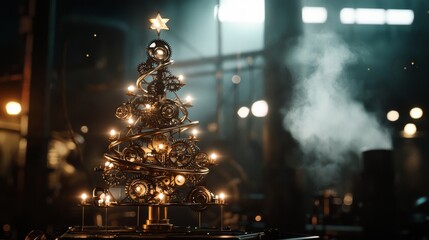 Obraz premium Metallic christmas tree with gears and cogs is standing in the middle of an industrial factory, glowing with warm light and surrounded by smoke