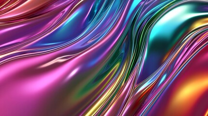 Fototapeta premium Mesmerizing abstract wave of colorful liquid with holographic foil effect. Swirling rainbow paint forms vibrant shapes in shiny metallic texture. Blend of art and tech in modern design
