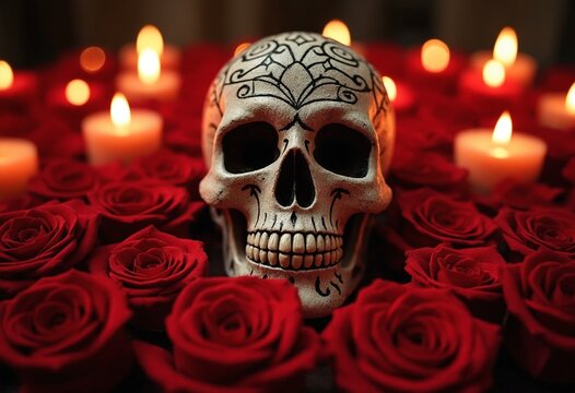 Sugar skull with detailed patterns among red roses, illuminated by numerous candles