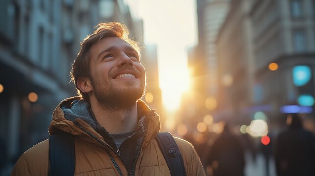 young man standing alone in a bustling city street looking up at the bright sky with sunlight shining feeling hope and happiness enjoying a calm and peaceful moment amidst the busy urban environment