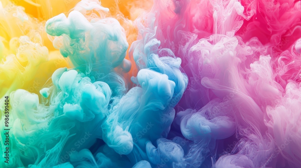 Poster clouds of colorful ink mixing in water, creating beautiful swirls and shapes. ideal for backgrounds 