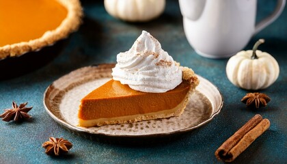 Fototapeta premium Traditional pumpkin pie with whipped cream and cinnamon
