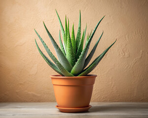 aloe vera flower in brown pot on beige background, close-up