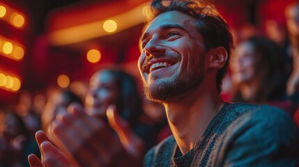 Obraz premium man clapping hands in a theater audience cheering and celebrating the performance surrounded by a joyful crowd having fun and enjoying the entertainment in a lively and exciting atmosphere