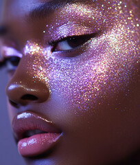 Portrait of young beautiful black woman with purple shimmer eyeshadow make-up