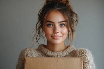 Portrait of smiling young woman holding cardboard box and looking at camera. Delivery concept
