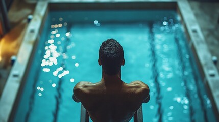 intense pre-jump moment for a diving sport athlete on the diving tower, preparing to dive into the olympics swimming pool, with focus on athletic preparation and determination