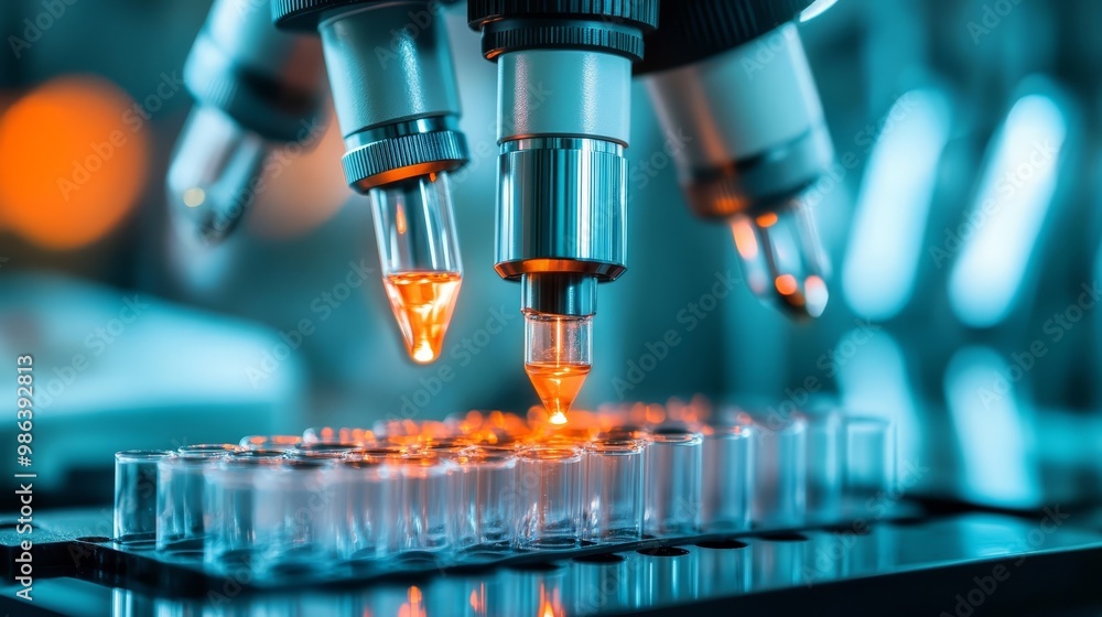 Poster microscope dropping liquid into test tubes in lab