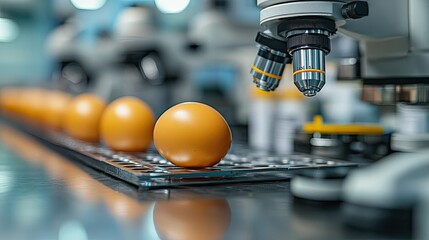 Close-up of eggs being examined under a microscope in a laboratory, highlighting egg quality testing and food safety procedures.
